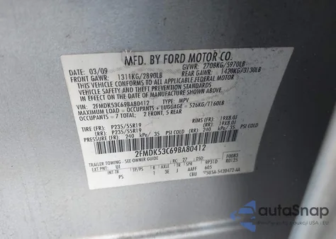 2009 Ford Flex Limited из США, поврежденный, VIN 2FMDK53C69BA80412